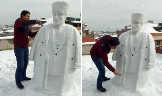 Vatandaş Kardan Atatürk Heykeli Yaptı