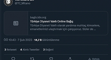 Türkiye'nin Milano Başkonsolosluğu, Bağış İçin Diyanet Vakfı'nın Linkini Verdi