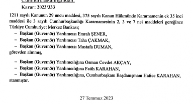 Merkez Bankası Başkan Yardımcıları Görevden Alındı