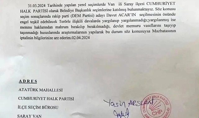 CHP, Van'da Kürtçü DEM Partili Adayın Terörle İltisaklı Olup Olmadığının Araştırılması İçin Başvuru Yapan İlçe Başkan Yardımcısını İhraç Etti
