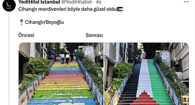 'Yedi Hilal Derneği' Sözde Protesto Adı Altında Cihangir'deki Renkli Merdivenlere Filistin Bayrağı Çizdi