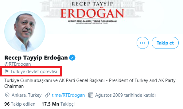 Twitter Erdoğan'ın Hesabına ''Türkiye Devlet Görevlisi'' Etiketi Koydu